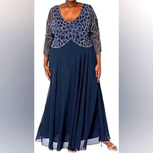 J Kara Women's Plus Size 3/4 Sleeve Geo Beaded Gown, 20W